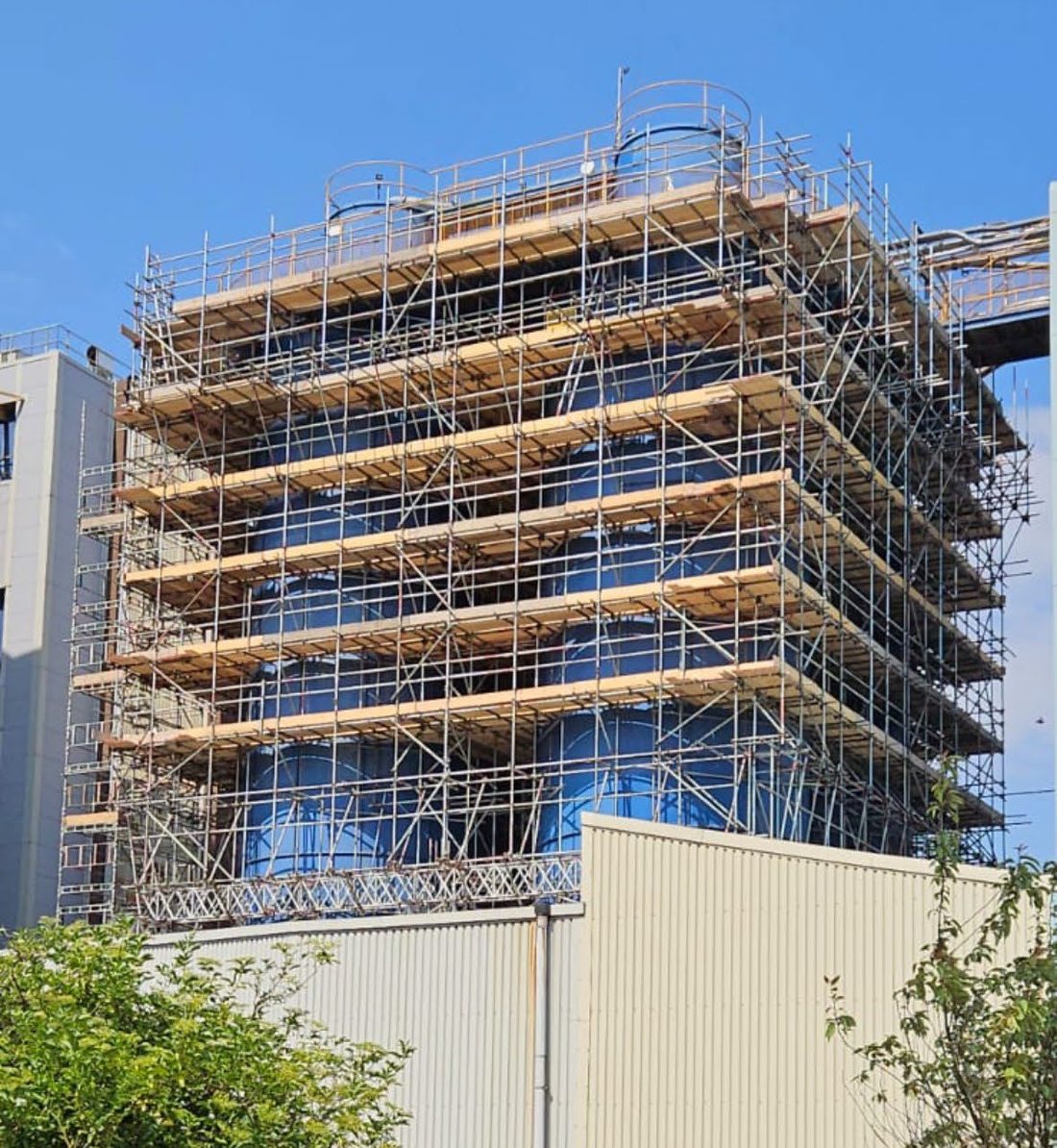 Scaffolded 45-metre silo gantry during remediation works at Liverpool Docks