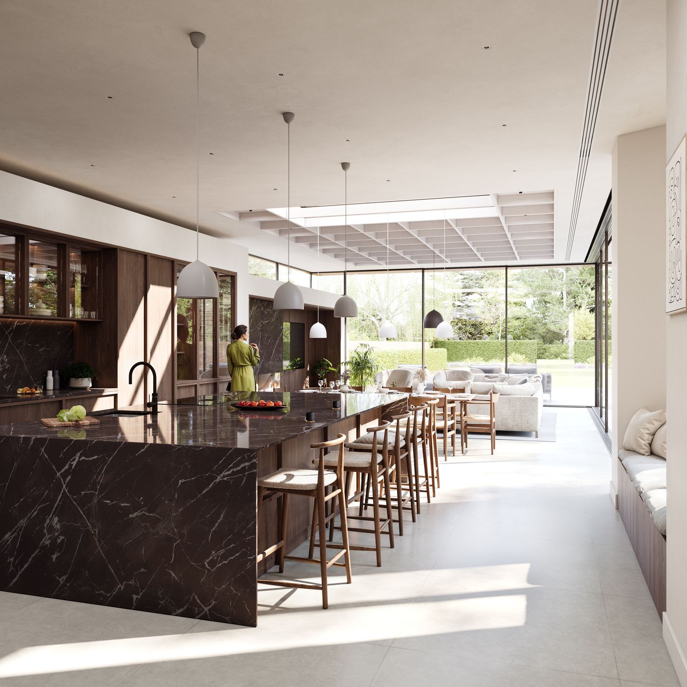 CGI of open plan kitchen and living space with marble island