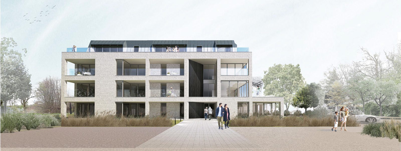 CGI of new build apartment building with balconies and river views, South Liverpool L19