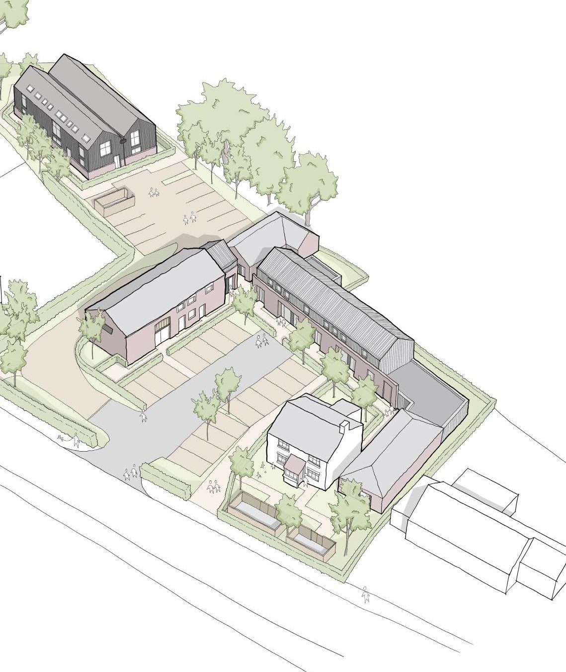 Concept sketch of an 18-apartment scheme combining new build apartments with a restored mill and cottage